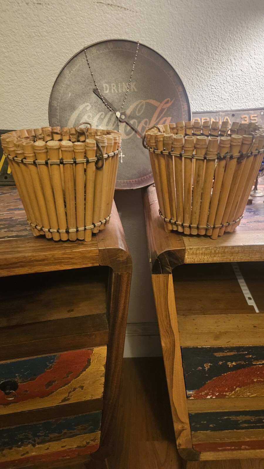 Vintage Handmade Bamboo Hanging Planters Pots w/Chains Pair 1.25 Gal Excellent