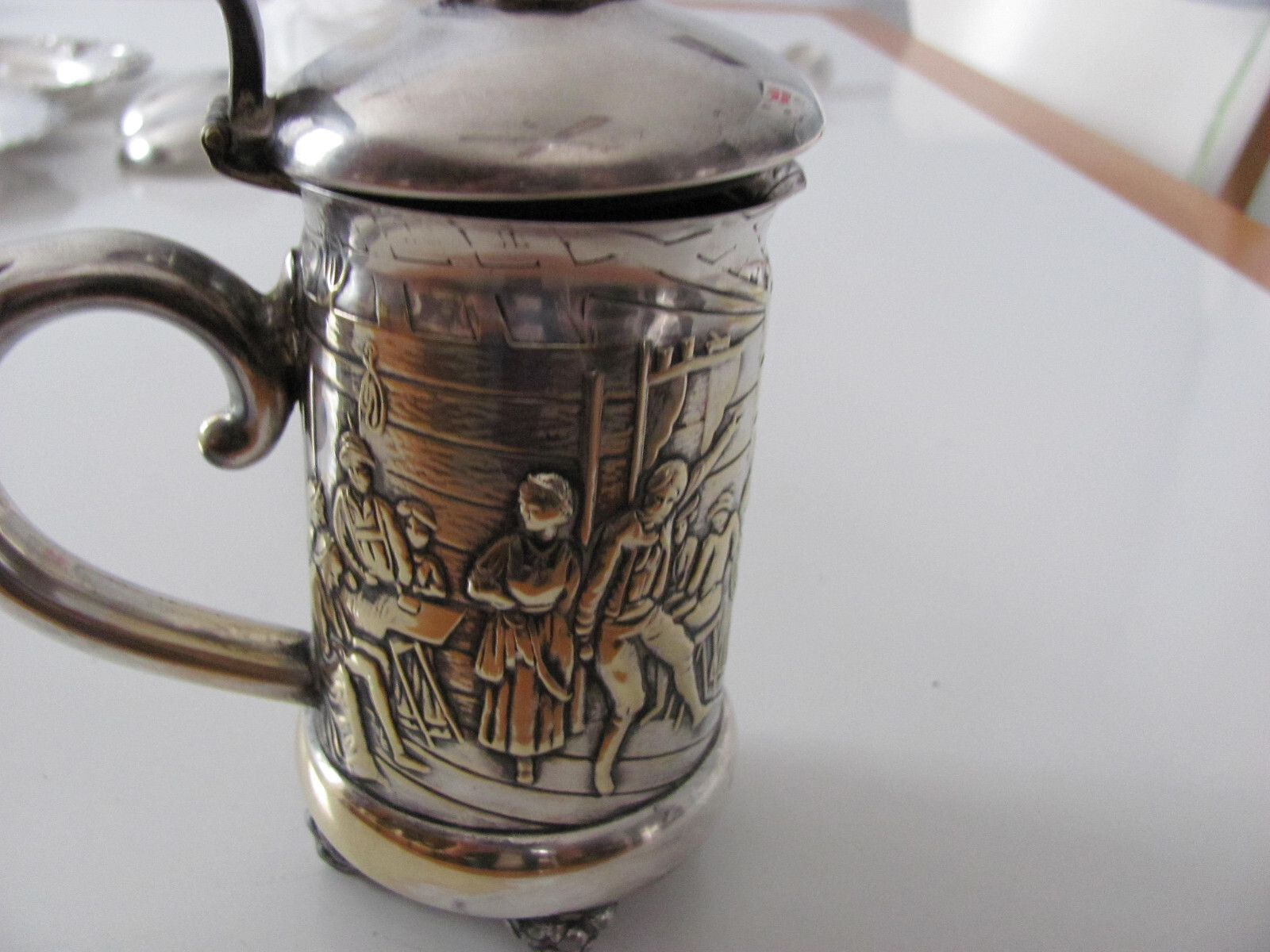 ANTIQUE DANISH SILVER / BRASS STEIN WITH LID 6 INCHES TALL TANKARD