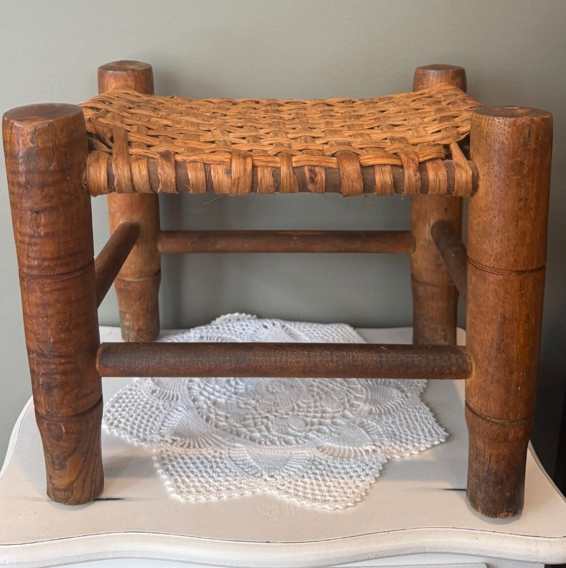 Vintage Vermont Maple Reed Foot Stool Primitive Woven Seat Rustic Farmhouse Deco