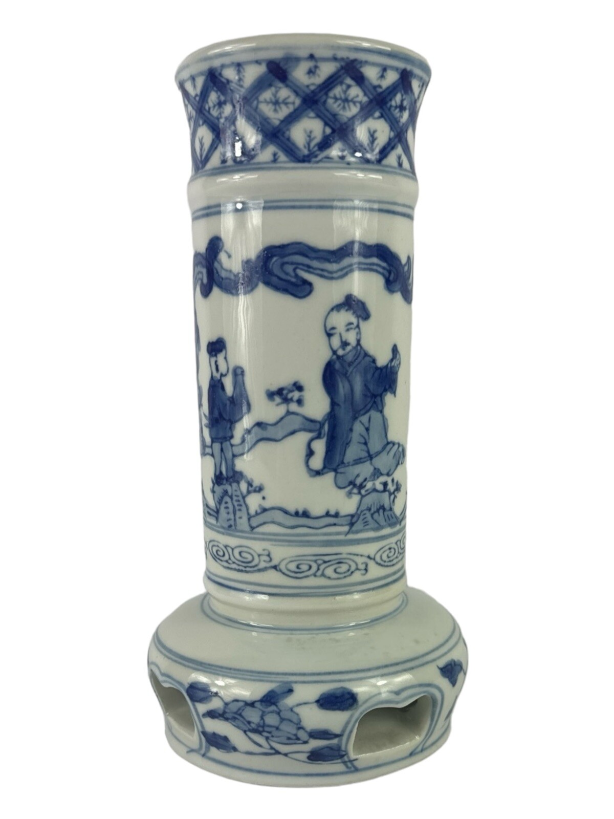 Chinese Antique Ceramic Blue White Hand Painted Incense Container Signed 8”