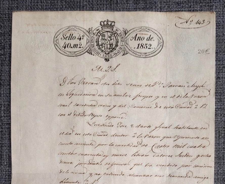 19thC Spanish Manuscript 1852 Barcelona Fiscal 19thC Sello 4º Legal Document