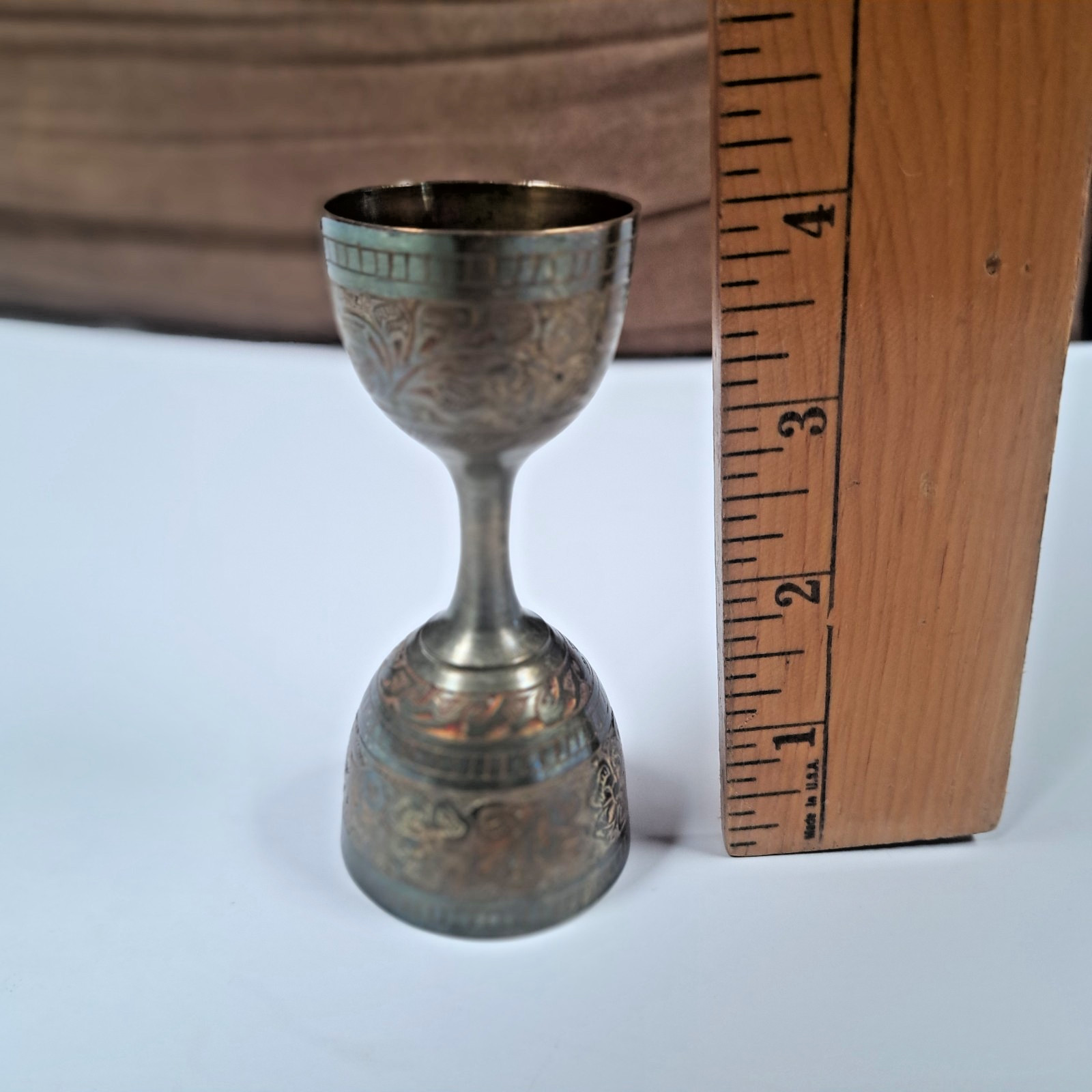 19th Century Antique Indian Brass Minakari Measuring Cup Double Ended