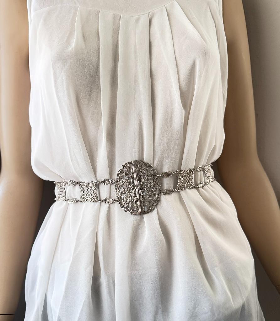 Antique Art Nouveau Sterling Silver Belt w/ Floral Vine & Lattice Motif