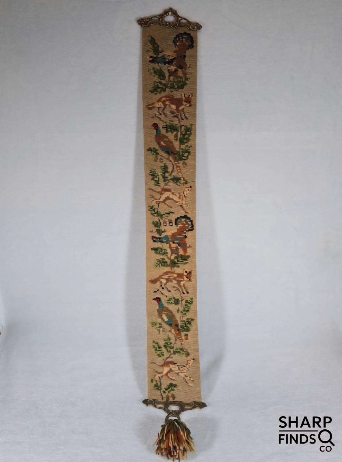 Vintage Needlepoint Bell Pull Hunting Deer Pheasant Wool Tapestry Brass