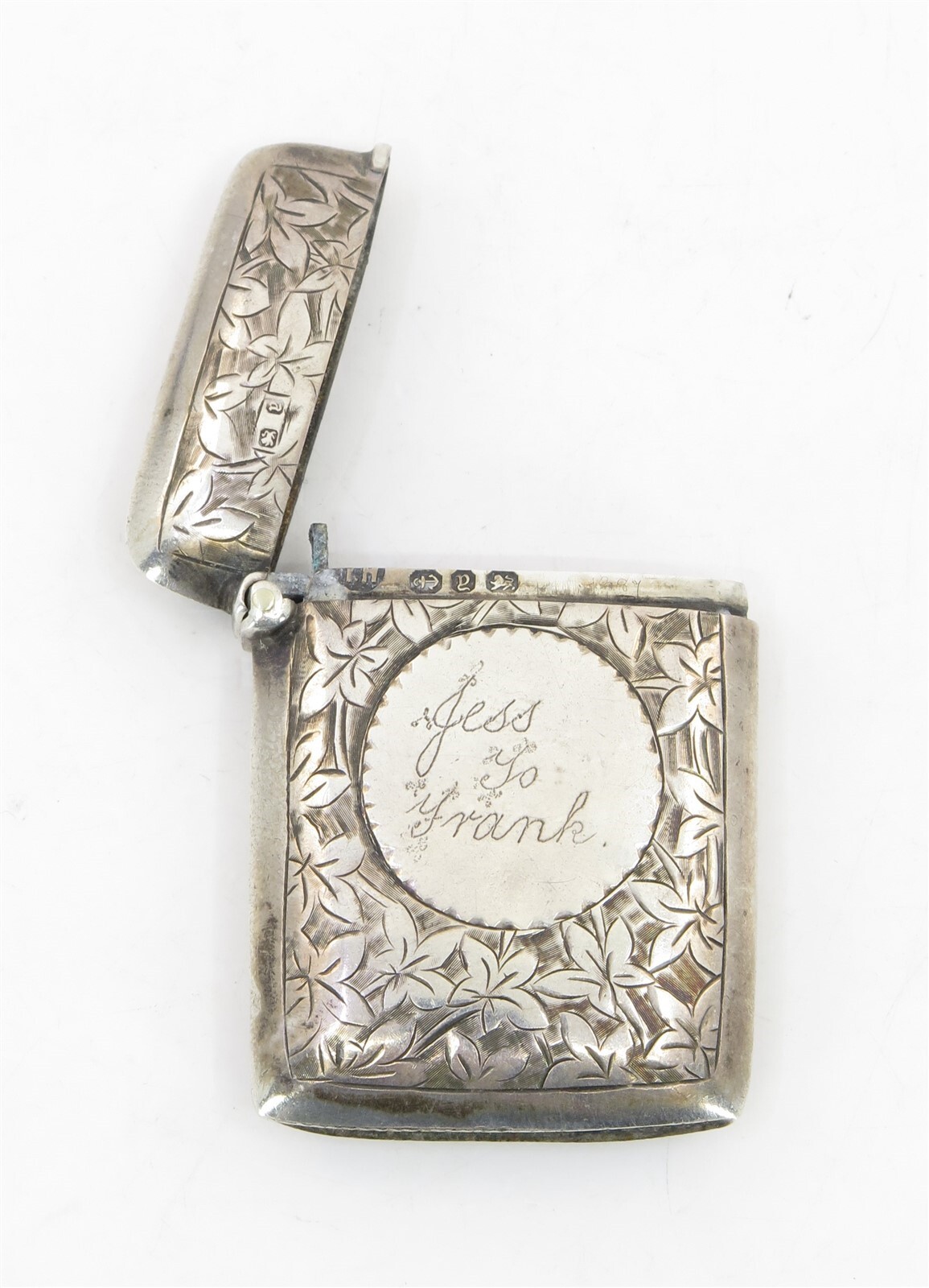 1800s Hallmarked & Engraved English Sterling SIlver Match Safe Vesta Case 2″