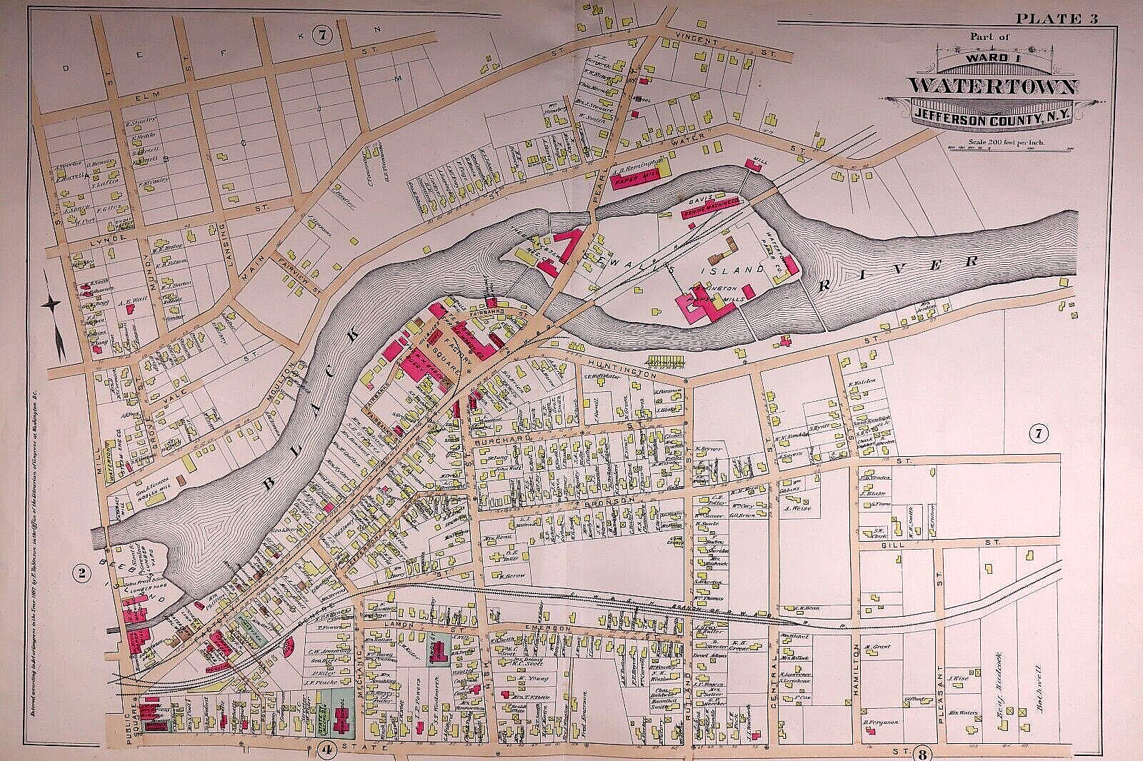1888 Plat Map WARD 1 – WATERTOWN, JEFFERSON Co., NY / SEWELLS ISLAND (20×30)#3
