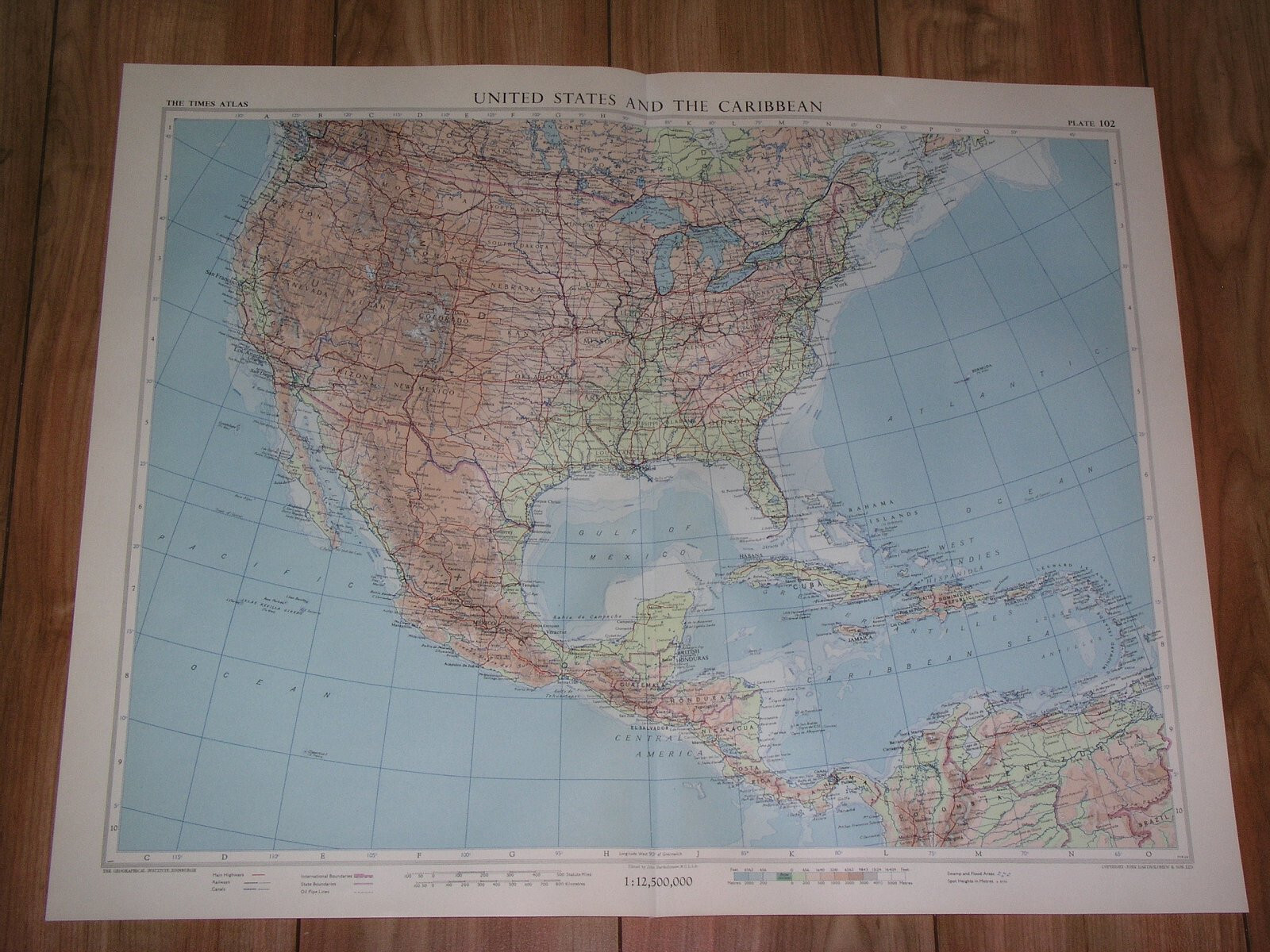 1957 VINTAGE MAP OF UNITED STATES MEXICO CARIBBEAN ANTILLES SCALE 1:12,500,000