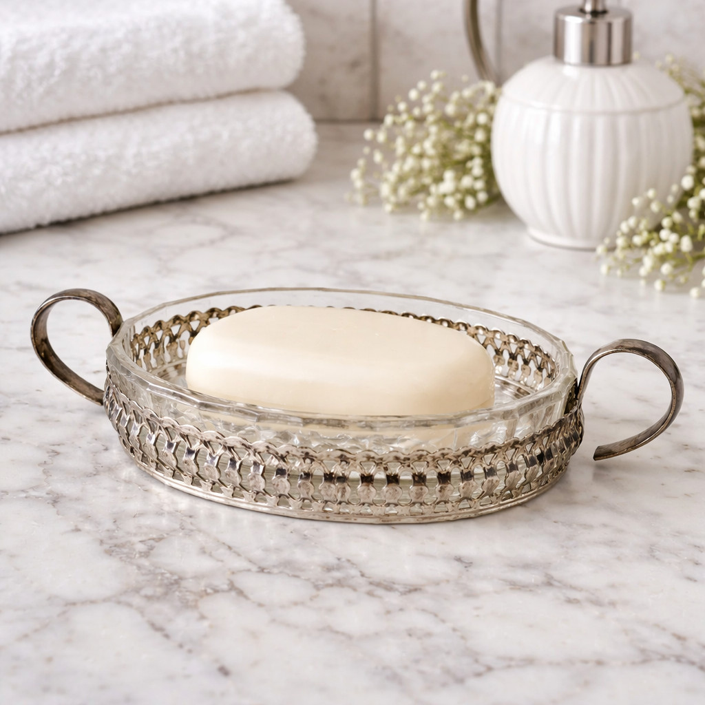 VTG Crystal Silver Plate Soap Dish Holder Oval Ornate Floral Trinket Jewelry ❤️