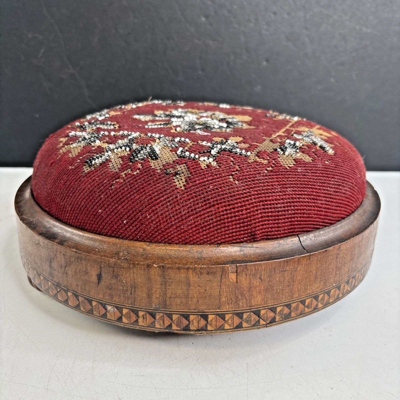 Antique Tunbridge Ware Inlay Foot Stool Beaded Upholstery Victorian 1860-1880