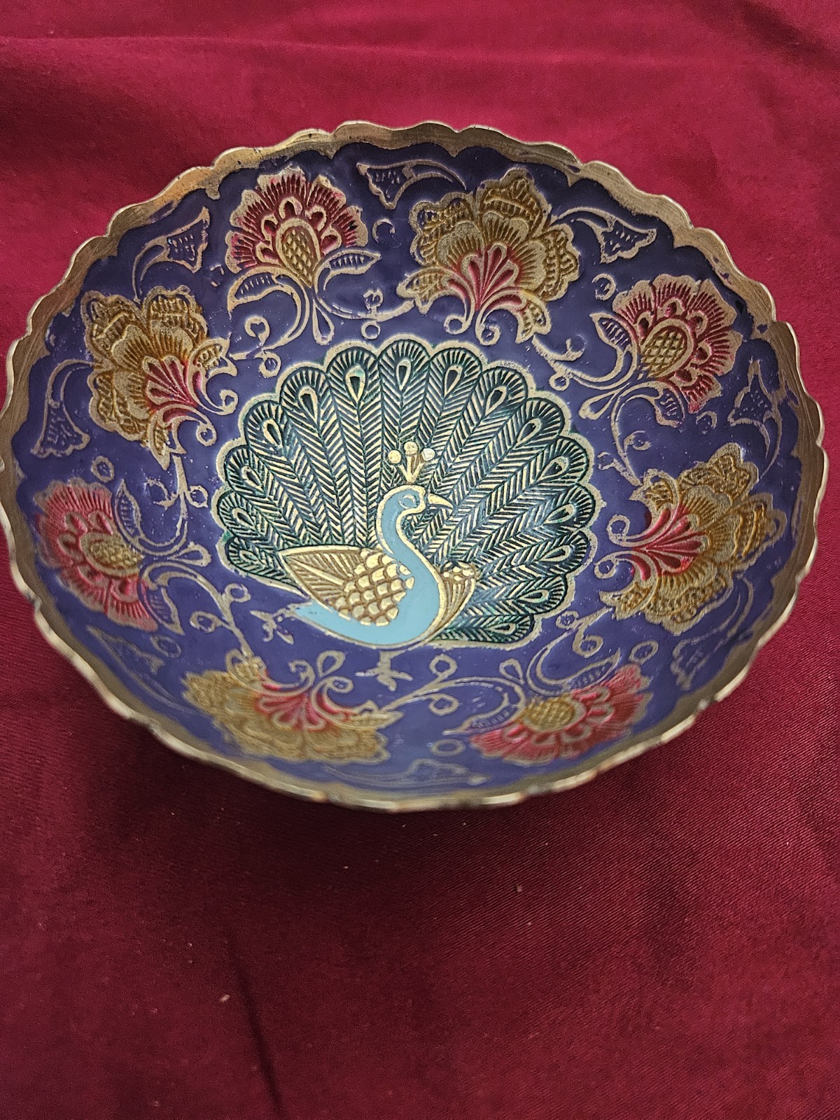 Vintage Brass Indian Enamel Bowl Colorful Peacock Hand Etched Intricate Plume