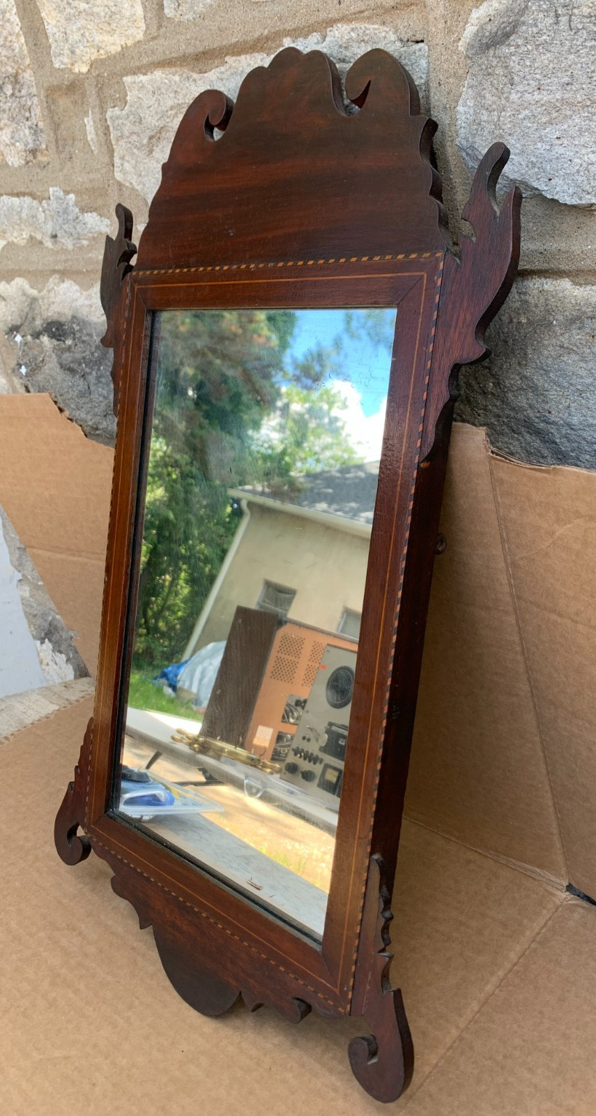 Chippendale Antique Original Wall Mirror Marquetry Inlay Border Trim 14.5X29.5″
