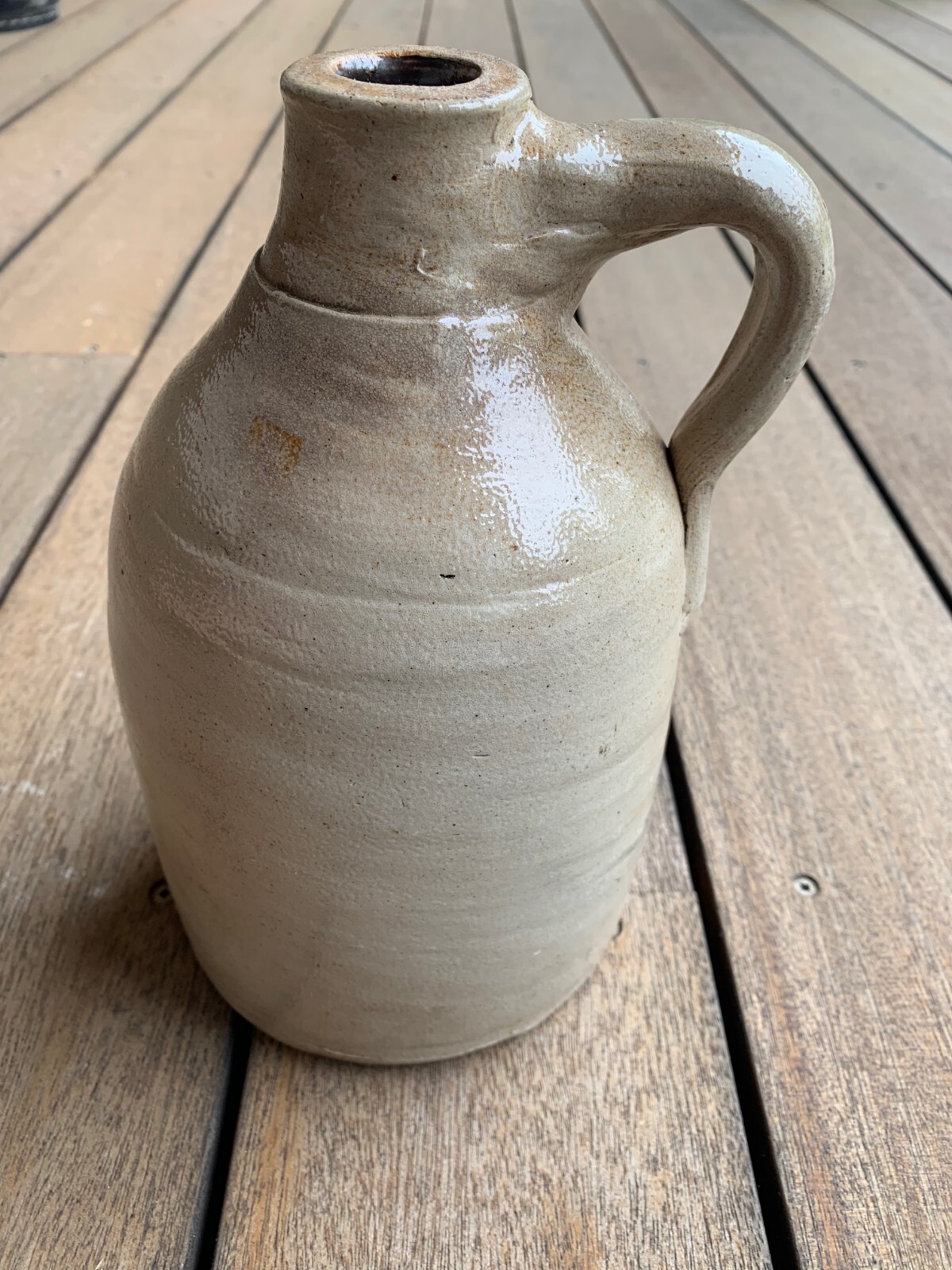 Antique Primitive Salt Glazed Stoneware Jug Farmhouse Taupe Beige Gray 9.25″