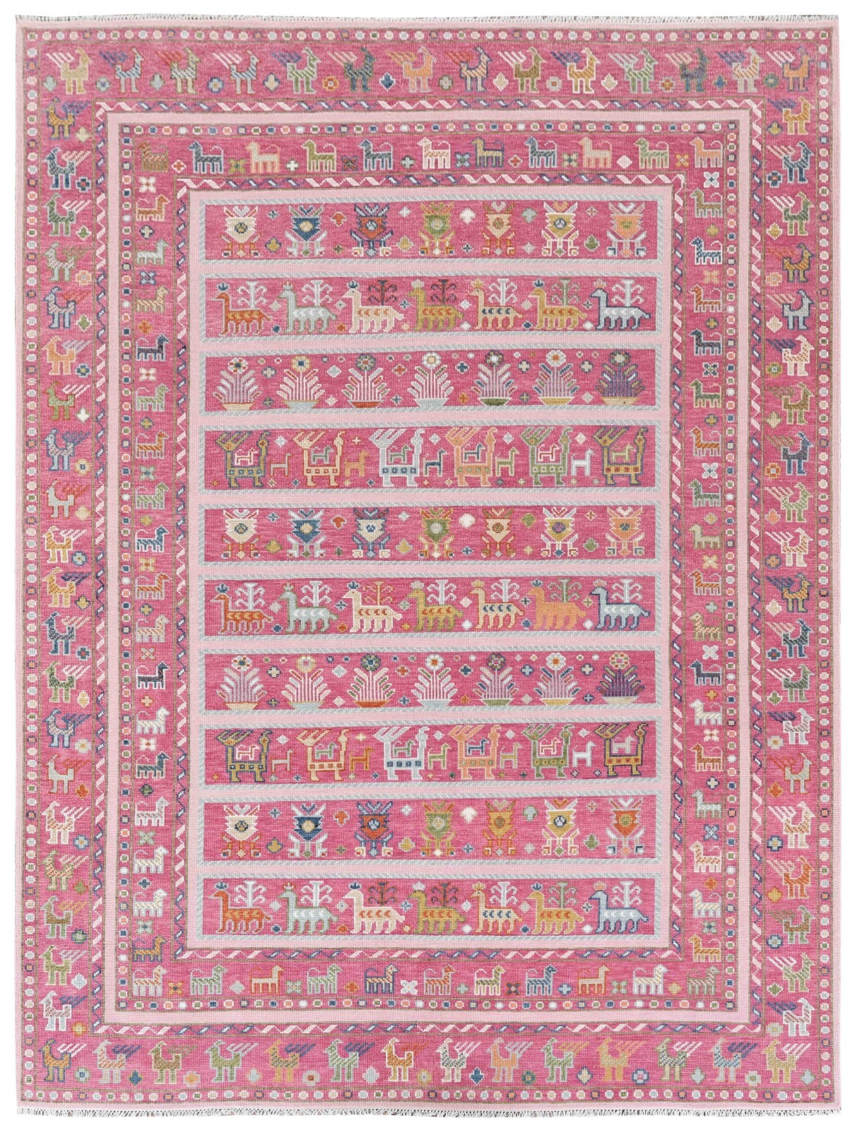 Tribal Folk-Inspired Rug – Pink Background with Animal Motifs 8×10 ft