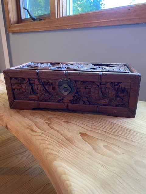 Antique Chinese Hand Carved Camphor Wood Chest 11.5″ wide x 3.5″ tall x 5″ deep