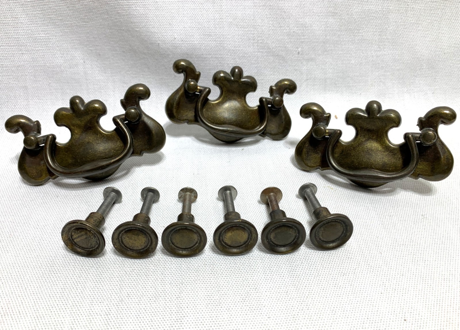 Lot of 3 Vintage Drop Handle Swing Bail Drawer Pulls 1806 1/4 & 6 Knobs Brass
