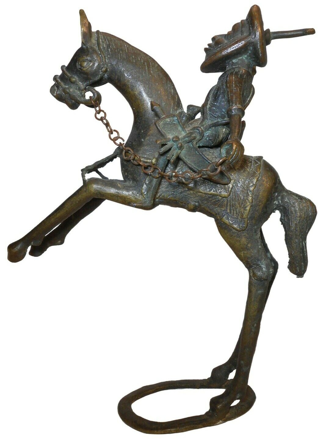 RARE BENIN W AFRICA EARLY 20TH C ANTIQUE BRONZE WARRIOR W/SPEAR on REELING HORSE
