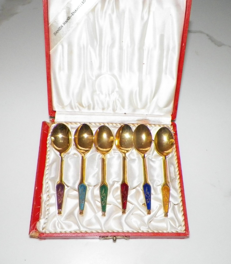 VINTAGE SET OF SIX (6) DANISH MULTI COLOR ENAMEL SPOONS ORIGINAL BOX