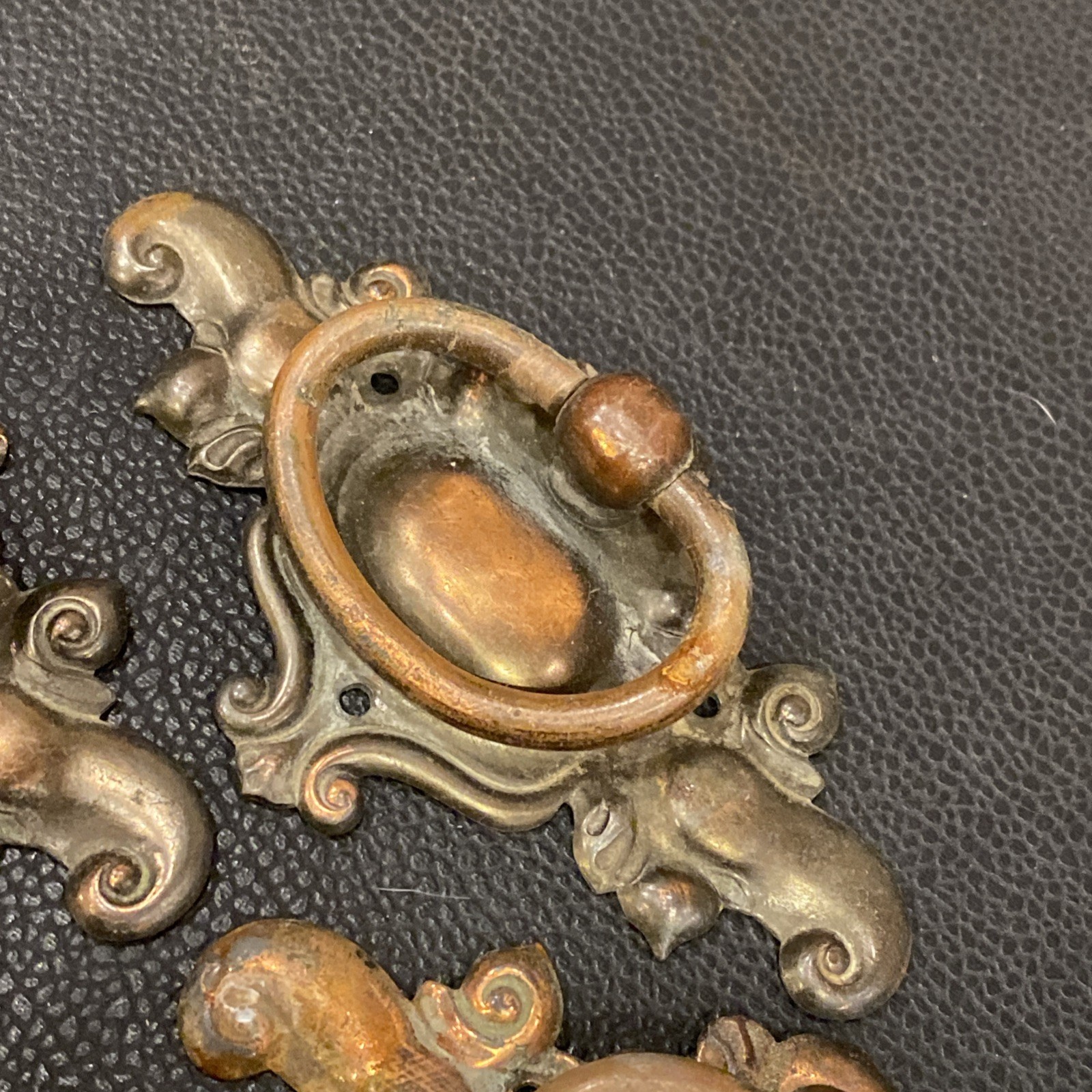 Lot 3 Antique Nouveau Scroll Copper Loop Handle Drop Bail Drawer Pulls Hammer On