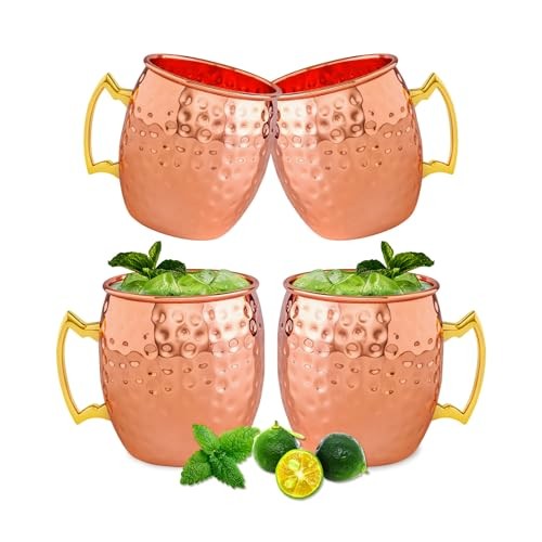 Moscow Mule Copper Mugs-100% Pure Copper Handmade, Gold Brass Handles, 16oz f…