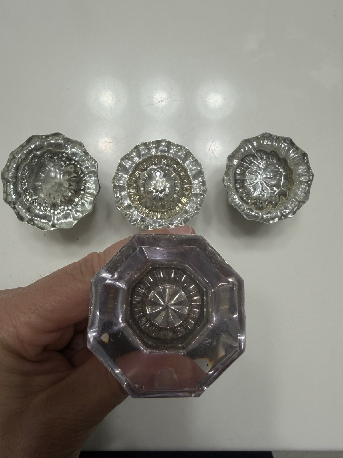 Glass Brass Clear Round Door Knobs Lot of 4 Antique Vintage