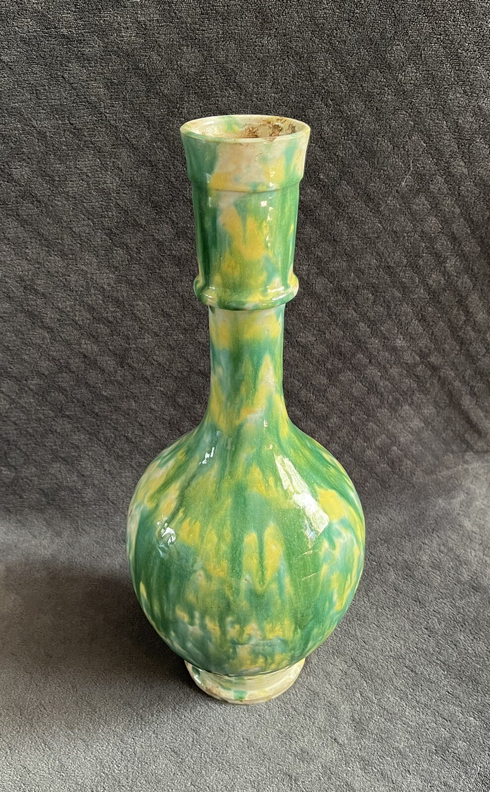 RARE Antique Middle Eastern Drip Splash Glazed Earthenware Bottle Form Vase