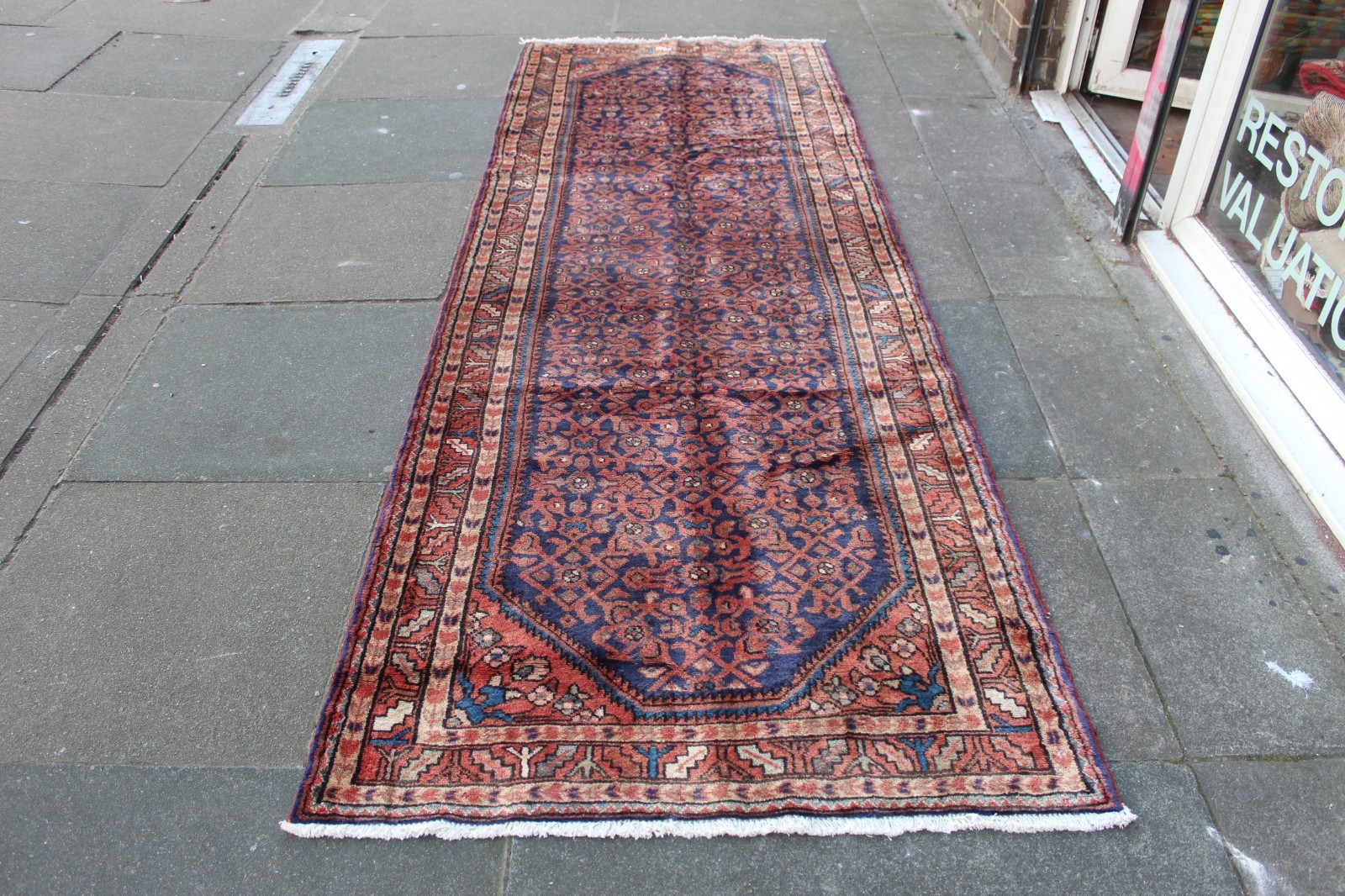Vintage Hand Made Traditional Oriental Wool Blue Red Long Rug Runner 292x104cm