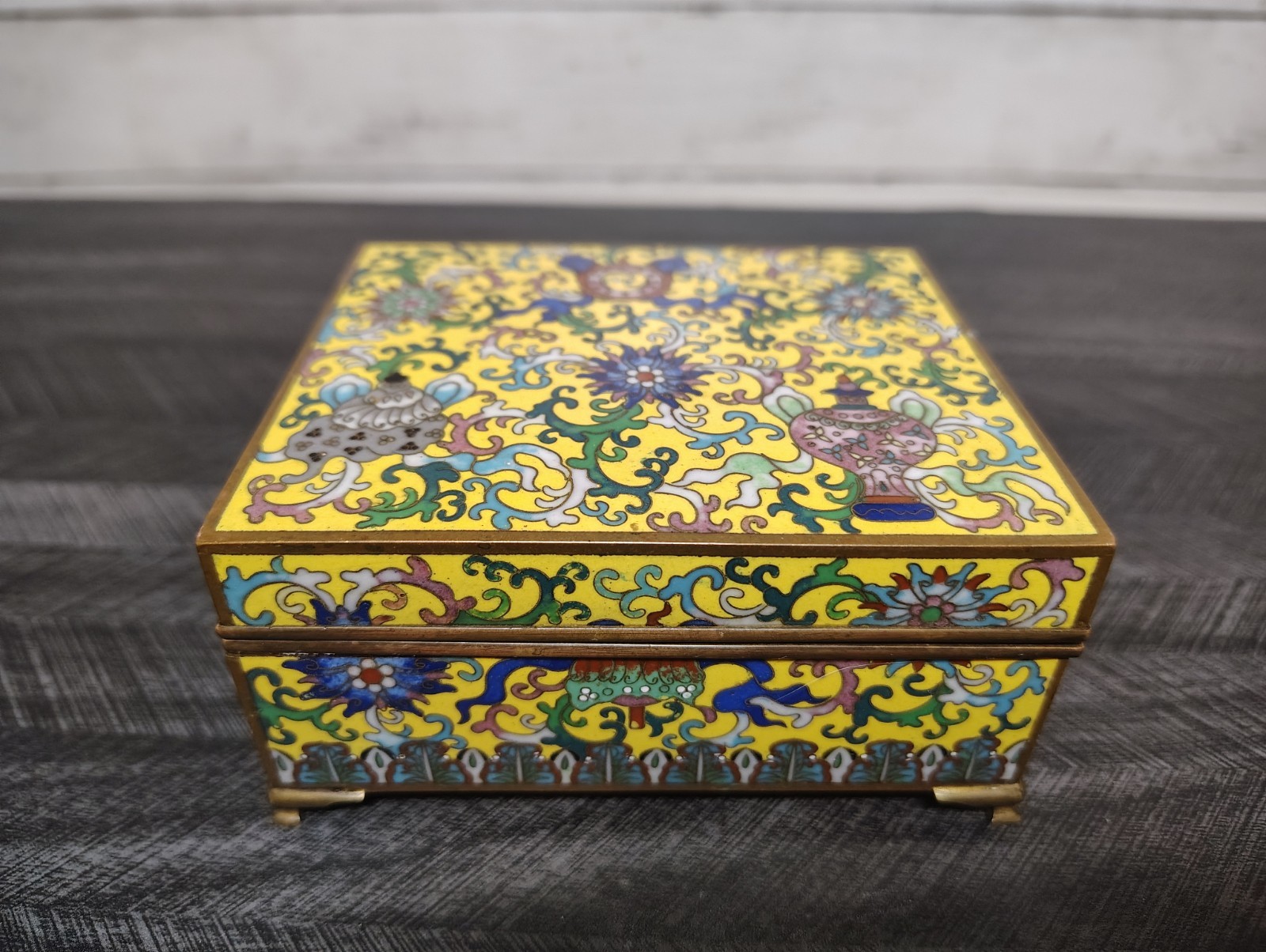 Antique Chinese Republic Yellow Canton Enamel Hinged Brass Trinket Jewelry Box