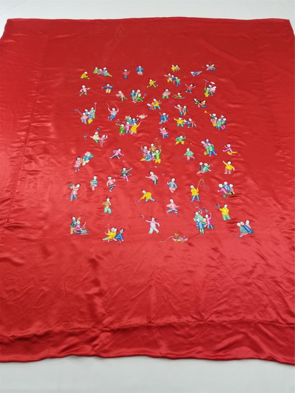 Antique Chinese Hand Embroidered Kids Silk Panel 84×78 inches