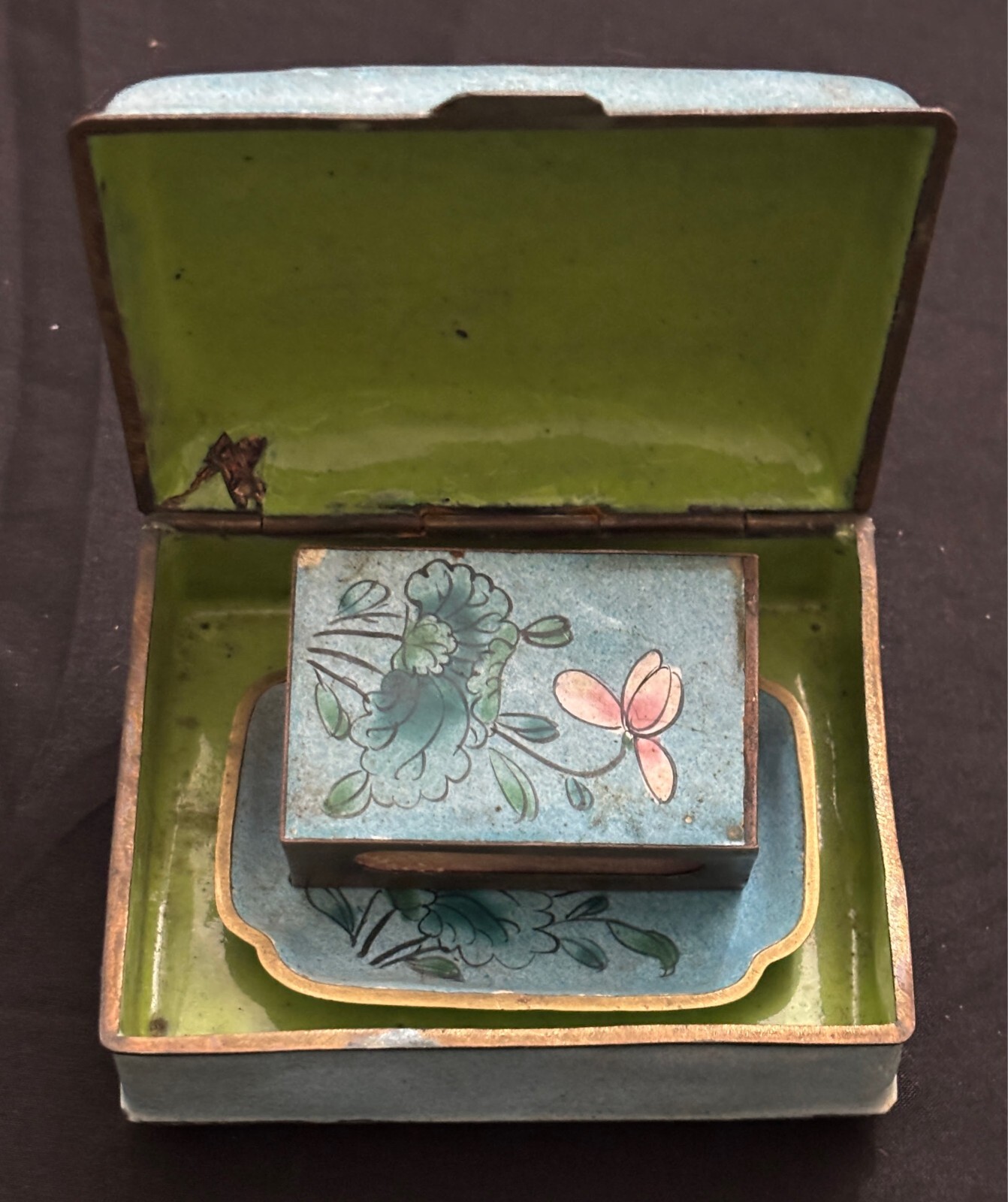 Vintage Chinese Cloisonne Smoking Set Brass Enamel Matchbox Holder Ashtray Box