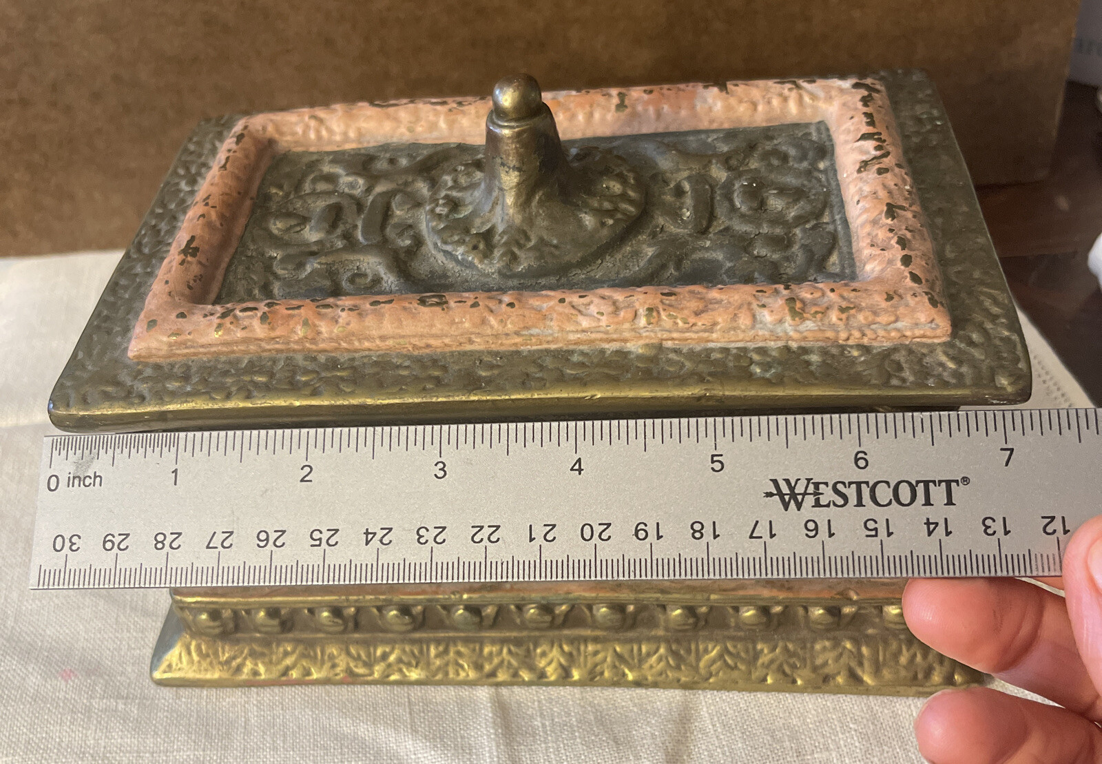 Antique Copper Embossed Relief Scene Lined Trinket Dresser Storage Box