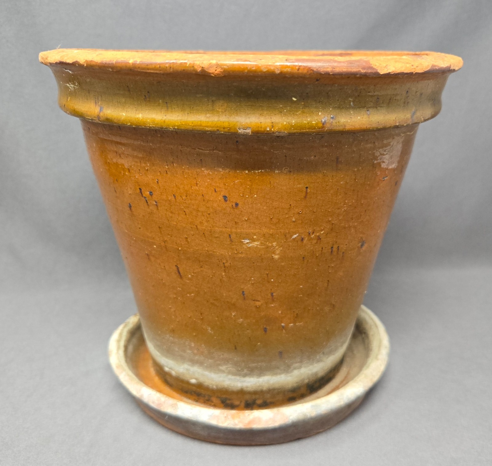 Mid 19th Century Pennsylvania Glazed Redware Flower Pot Attached Undertray