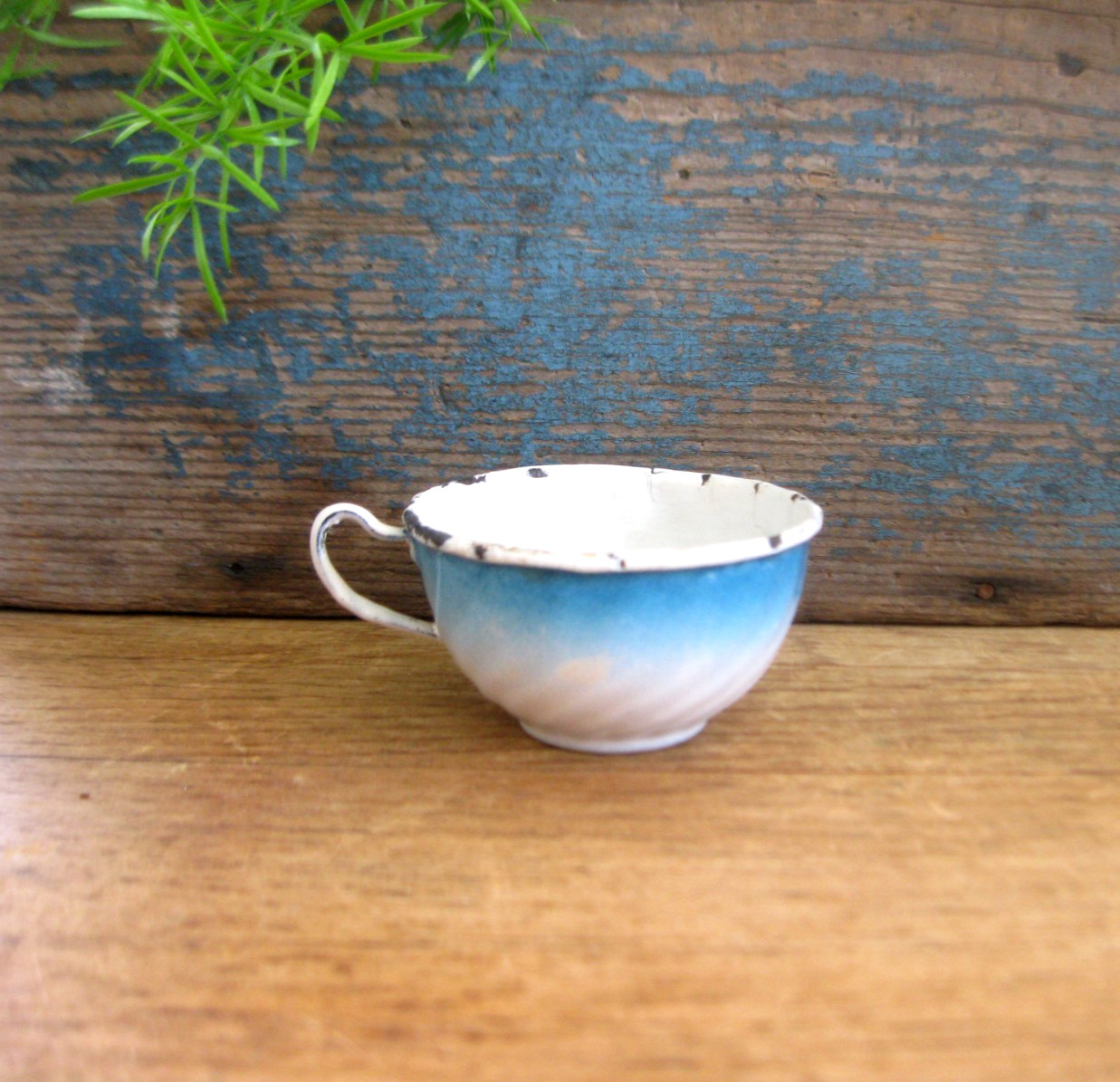 Antique Toy Blue Hombre Enamelware Child’s Tea Cup