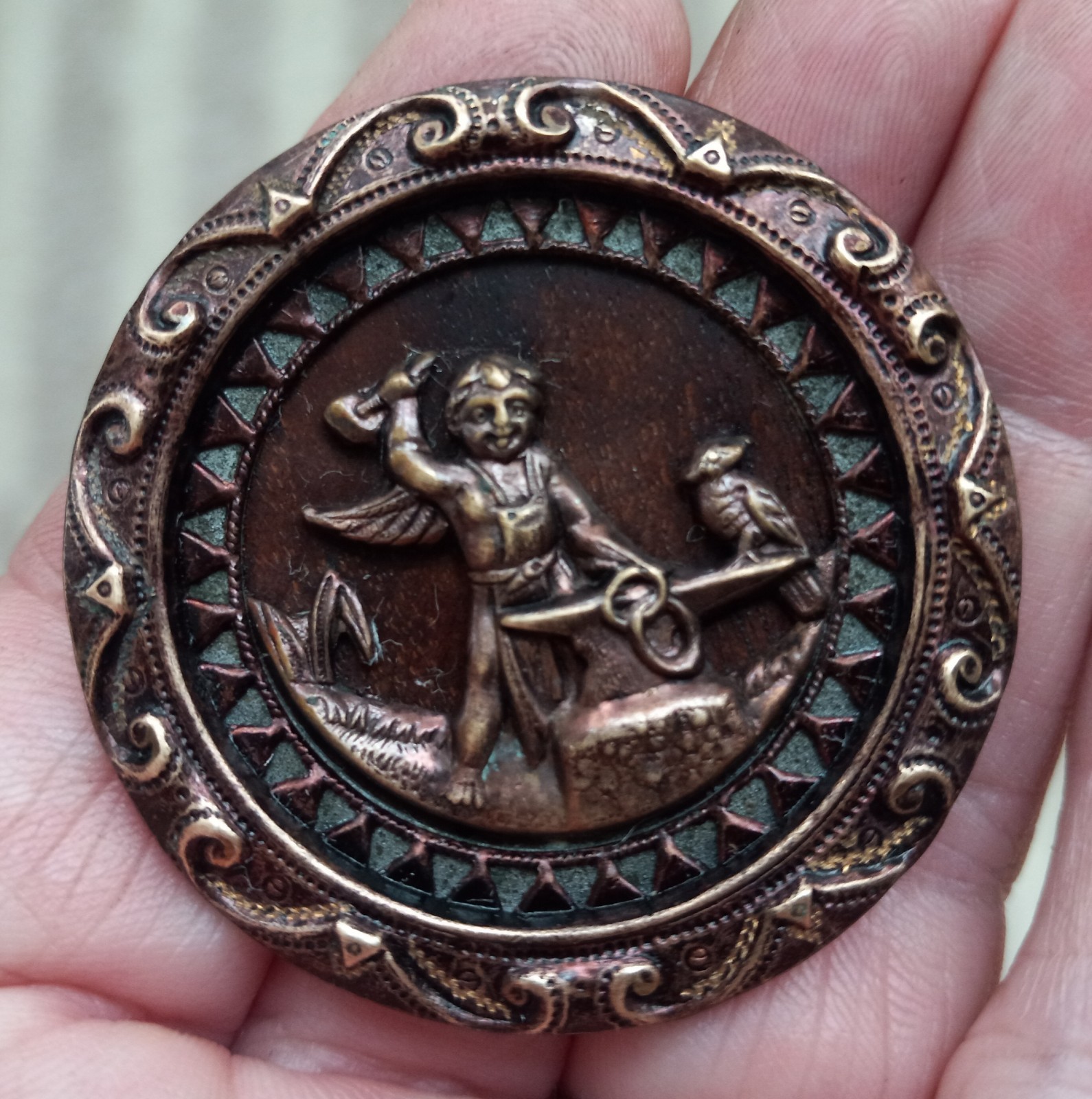 Large Victorian Picture Button Cupid Blacksmith Hammering Chain w/ Bird 1 & 5/8″