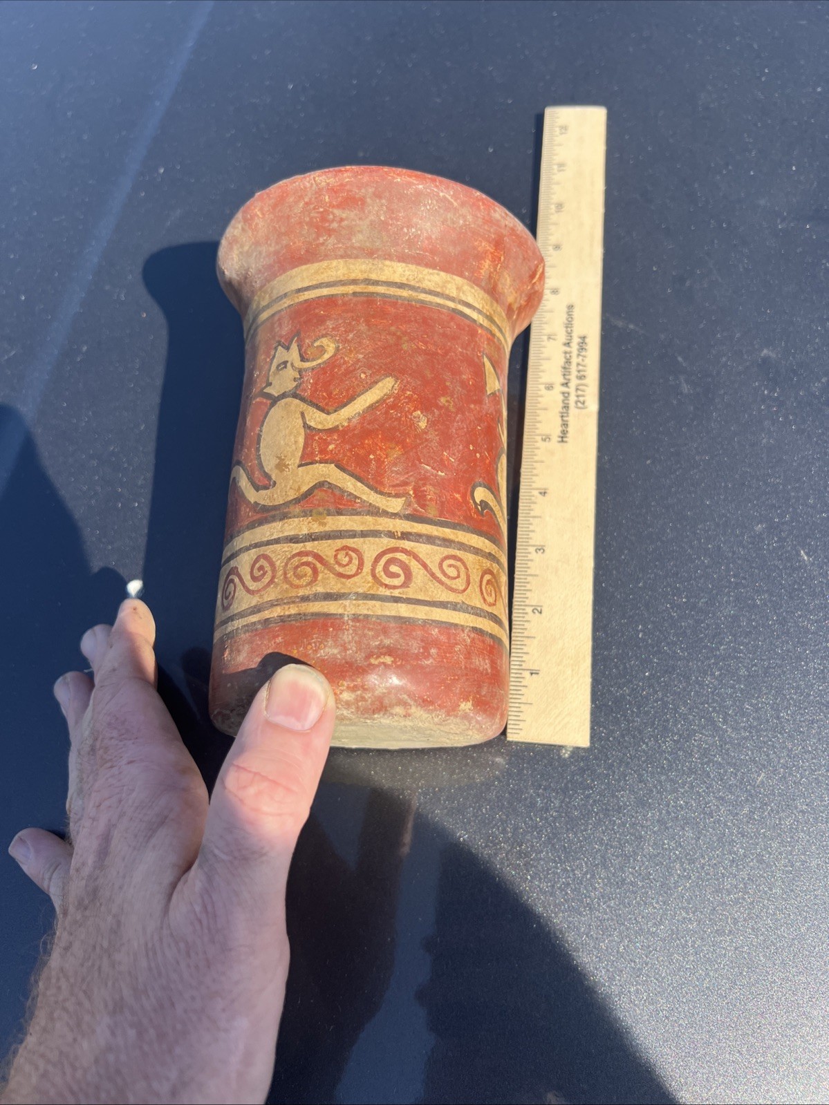 BEAUTIFUL ORIGINAL NAZCA POLYCHROME VESSEL – MYTHICAL BEING 6.7/8”Tall Q601