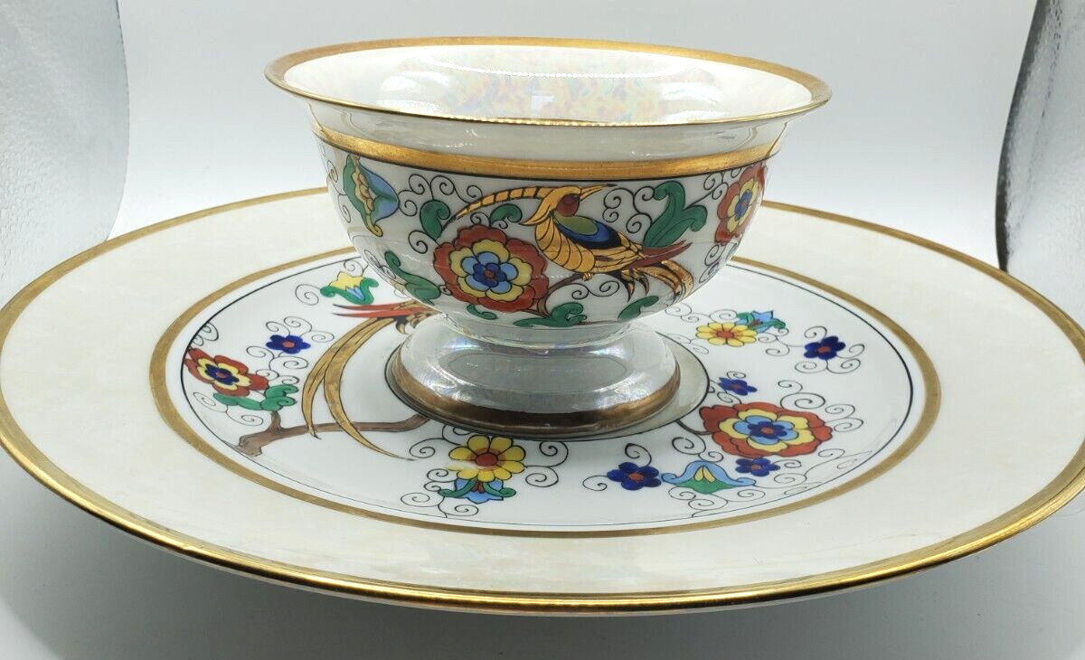 Antique Noritake Gold Gild Bird of Paradise Lusterware Serving Plate Bowl Japan