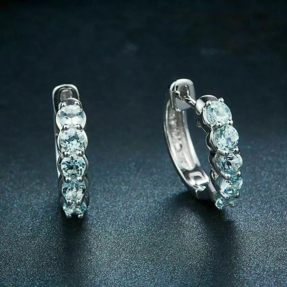2Ct Round Cut Lab Created Aquamarine Huggie &Hoop Earrings 14K White Gold Plated