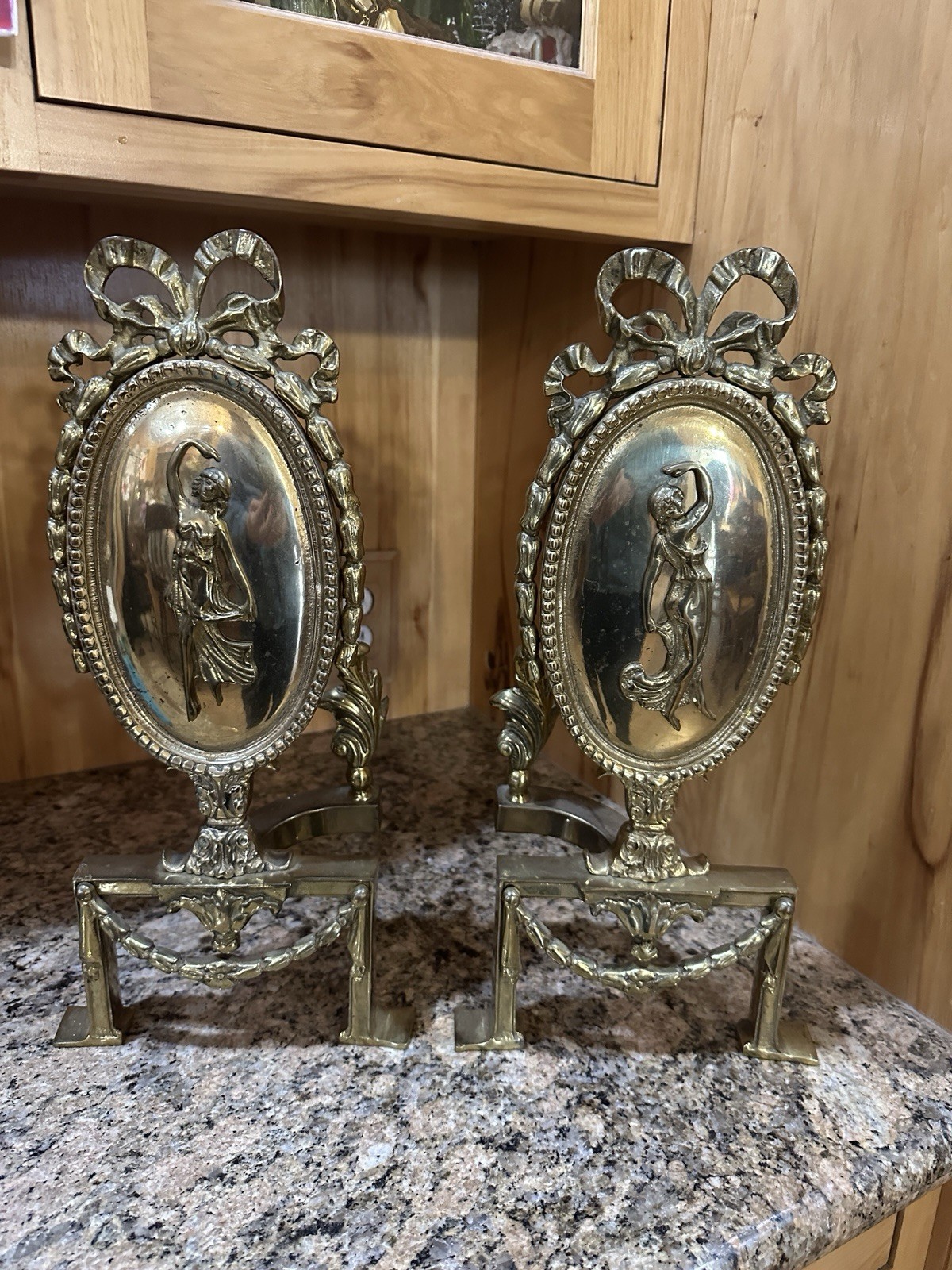 Antique Pair Of Brass Fire Dogs/Andirons Fancy Lady Ribbon Motif Heavy