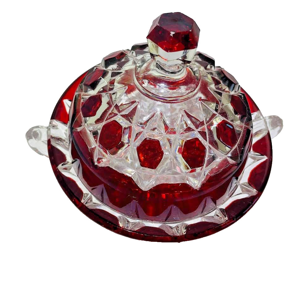 EAPG CLEAR with ruby stain BRYCE “RED BLOCK” COVERED BUTTER DISH 1890’s Doyal Co
