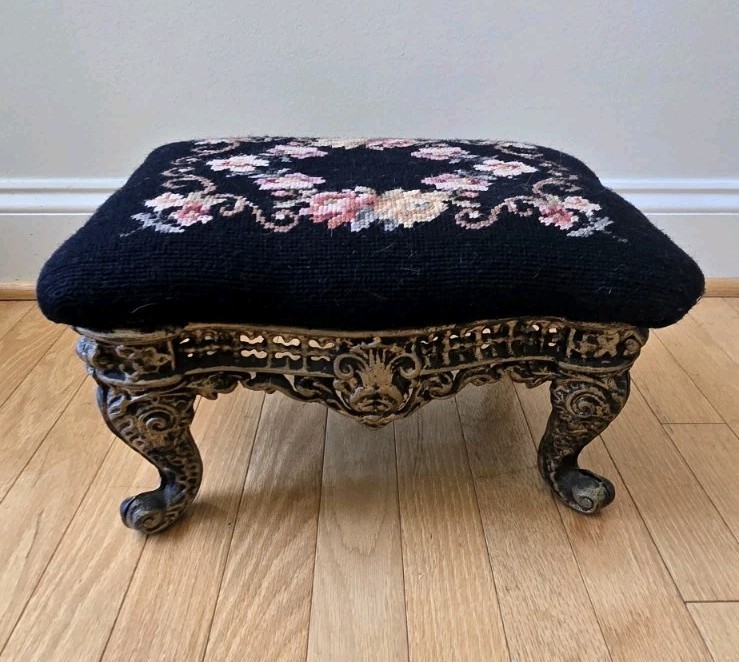 Vintage Ornate Cast Iron Needlepoint Foot Stool Elegant Firm Top