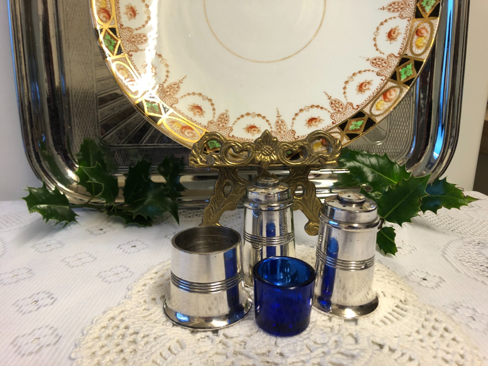 Antique Royal Albert Crown China Lovain Plate & Walker Hall Silver Plate Cruet
