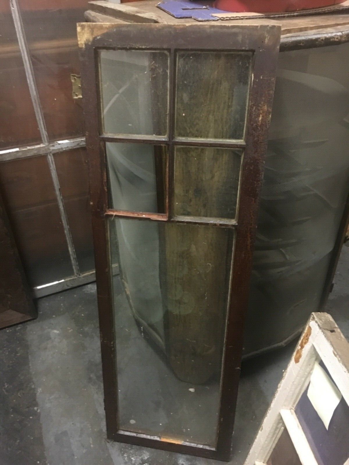 c1910-20 antique pine cabinet door – glass panels original hardware 48” x 16” w