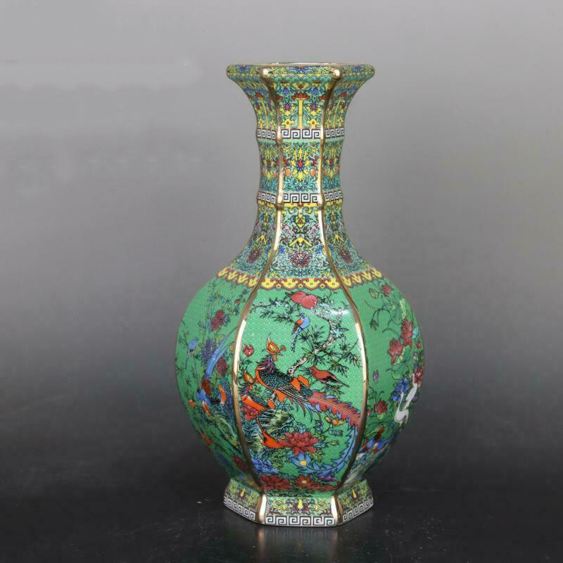 10.1″ Chinese Green Enamel Porcelain Qing Qianlong Birds Flowers Design Vase