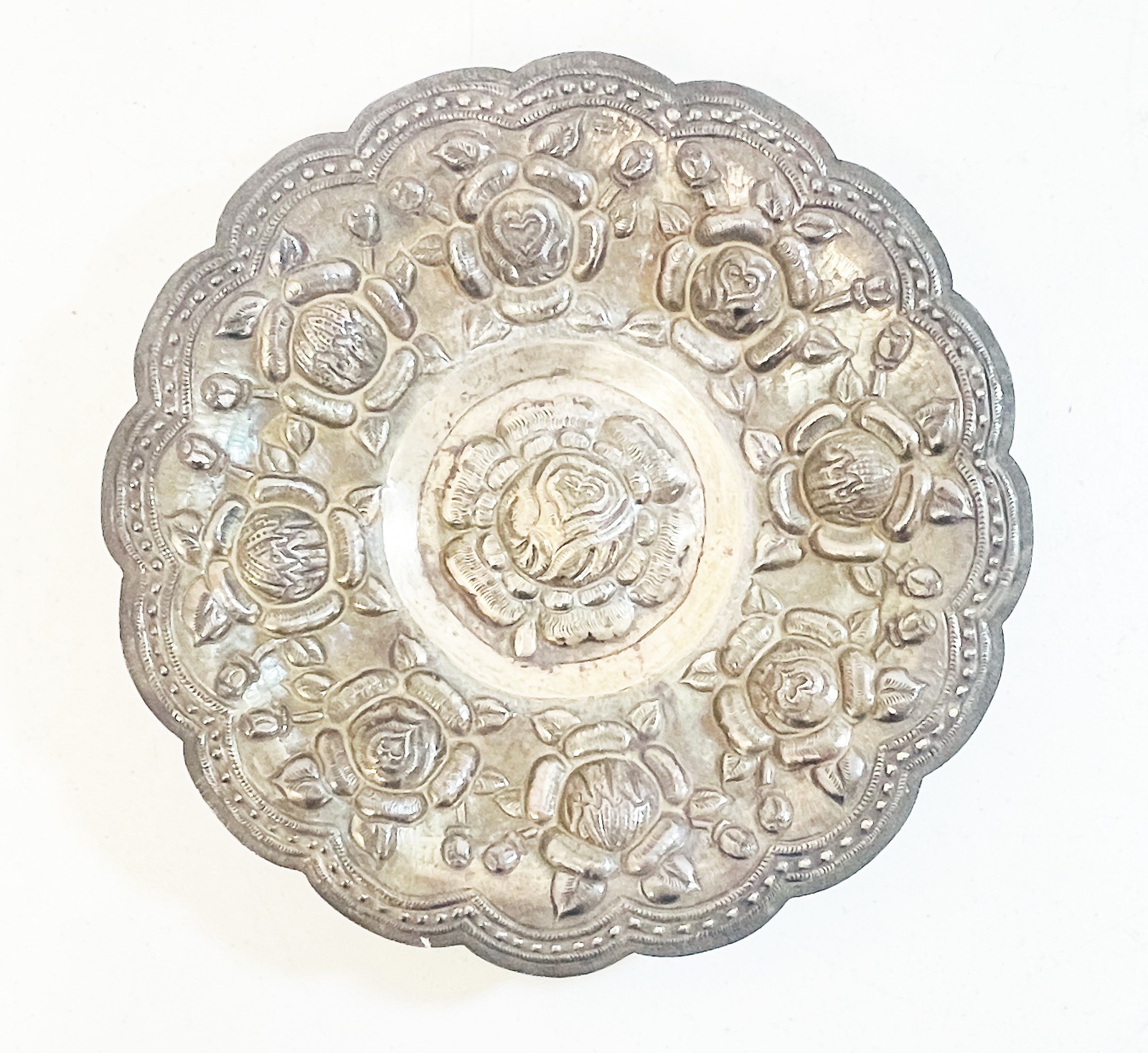Sterling Silver Repousse Floral Bowl 11.25” 22.88ozt Taxco Style Dish