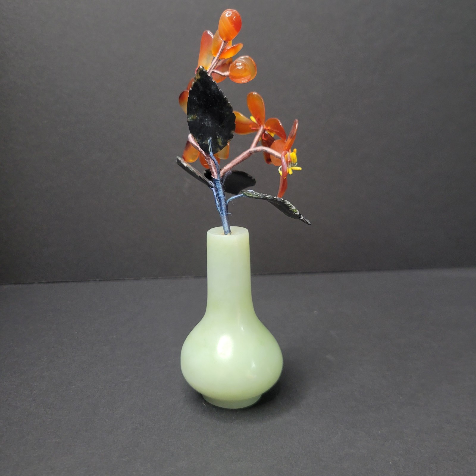 Chinese Agate Stone Jade Orange Red Glass Flower Floral Tree Marble Vase