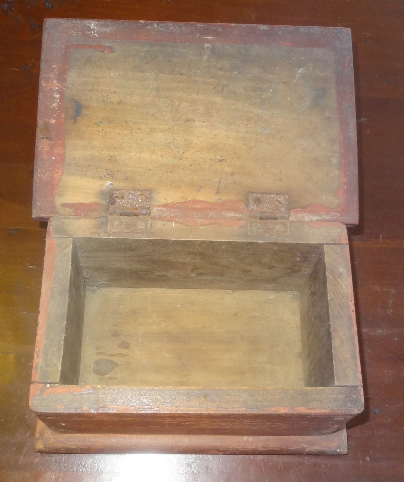 Antique Primitive Distressed Red Paint Wooden Folk Art Rustic Covered Chest