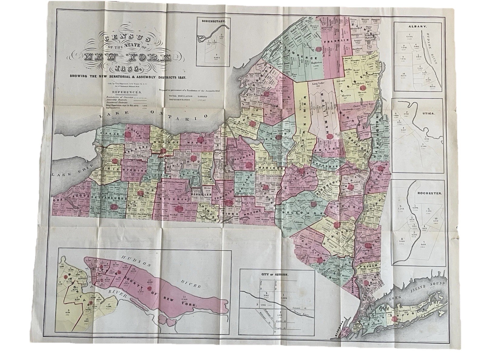 Antique Census Map State of New York Hand Colored D.T. Valentine Lithograph