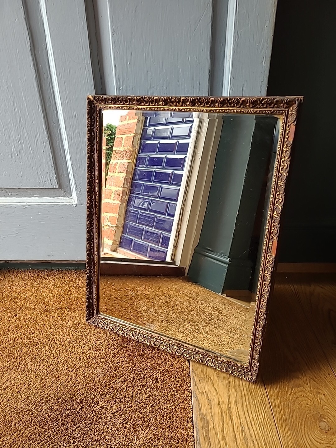 Vintage Wooden Gold Gilt Bevelled Edge Rectangular Mirror 49cm x 39cm