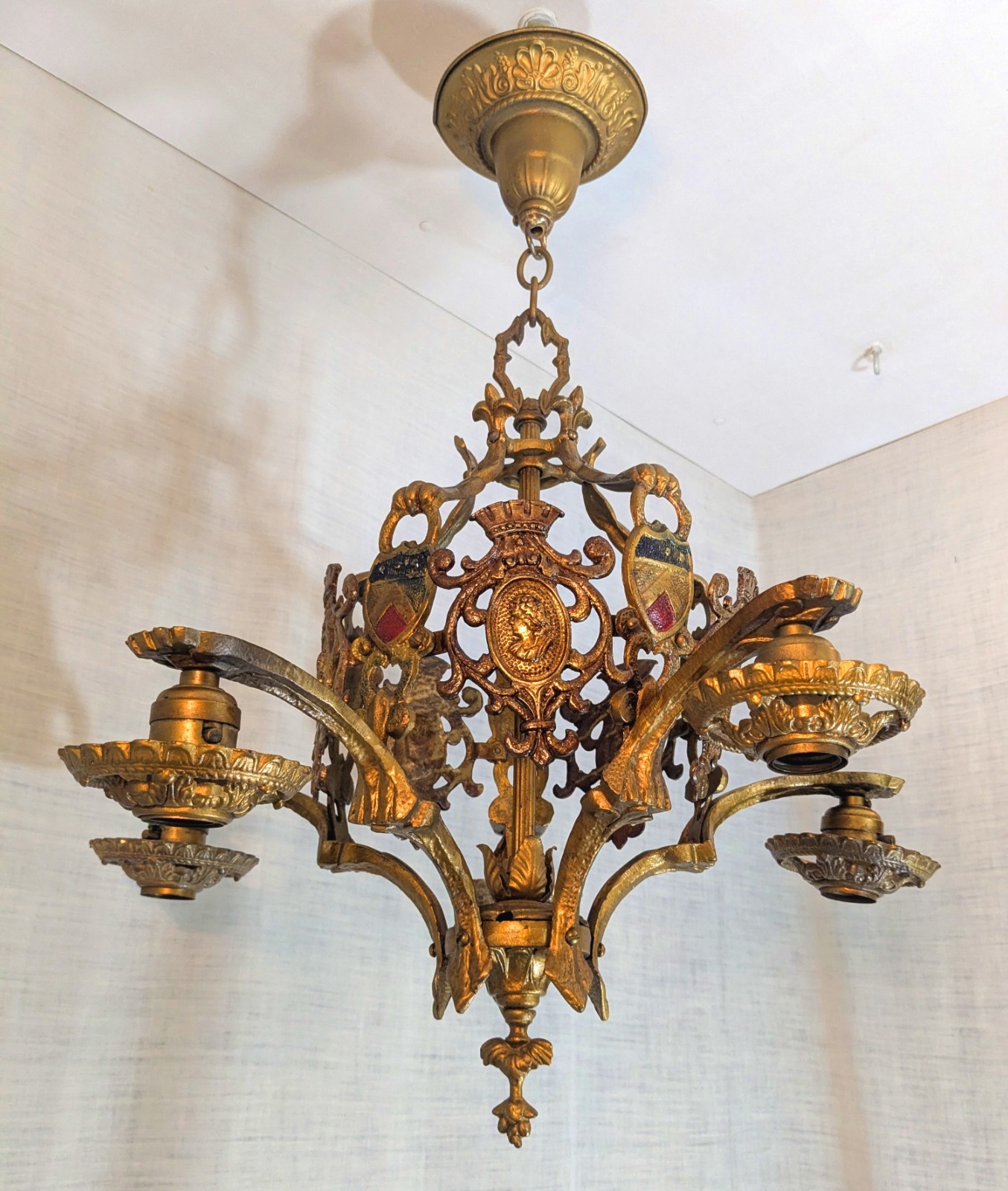 Antique Solid Brass 1920’s Tudor Chandelier Shields Cameo Lion Paw design