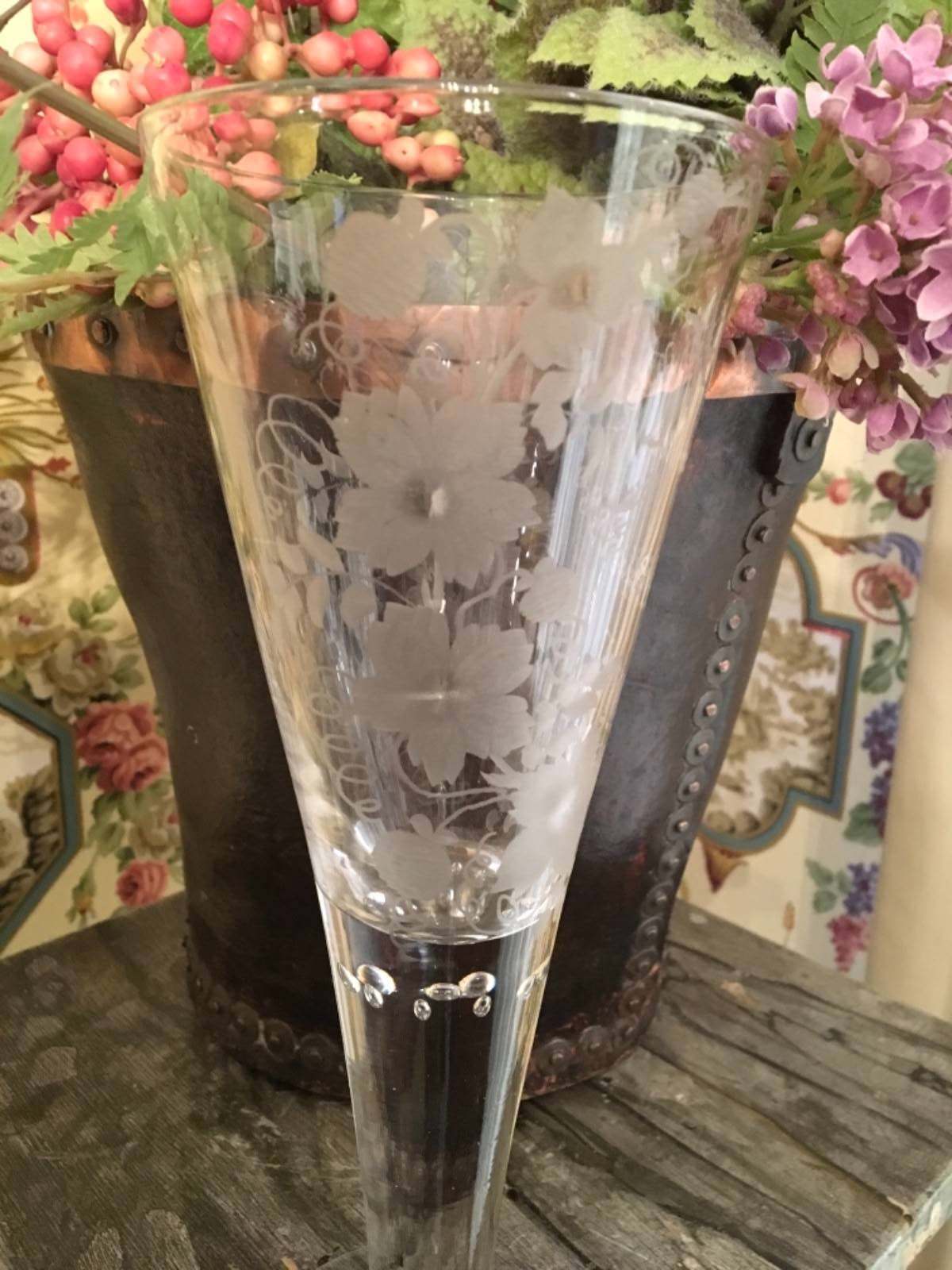 French Glass Goblet Vase Wine Champagne Wedding Dated 1880 Etched Floral