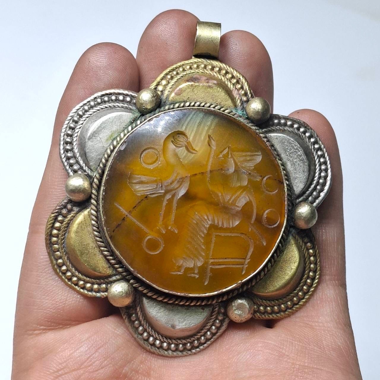 wonderful Ancient Near Eastern Intaglio Agate Stone Brass Pendant